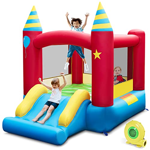 GOPLUS Aufblasbare Hüpfburg mit Gebläse, 2-in-1-Spielburg für Kinder mit Sprungbereich, Rutsche, Tragetasche, Reparaturset, Heringen, Spielparadies für Rasen Hof Park Garten (Rot, Mit Gebläse) von GOPLUS