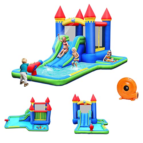 GOPLUS Aufblasbare Hüpfburg mit Gebläse, Spielburg mit Rutsche Korb Ball-Pool, Wasserspielcenter mit Kugel-Set & Reparatur-Set, Wasserpark für 4 Kinder im Alter 3-8 Jahren (Blau, Mit Gebläse) von GOPLUS