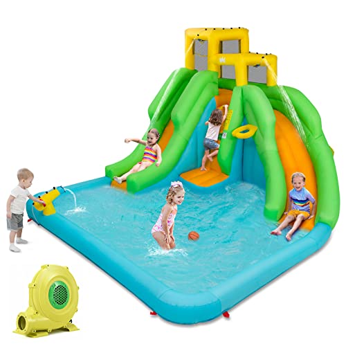 GOPLUS Aufblasbare Hüpfburg mit Planschbecken, Wasserpark mit Doppelter Rutsche, Kletterwand, Basketballkorb & Wasserkanone, mit Tragetasche für Außenbereich, 400x361x255 cm (Grün, Mit Gebläse) GOPLUS Aufblasbare Hüpfburg mit Planschbecken, Wasserpark mit Doppelter Rutsche, Kletterwand, Basketballkorb & Wasserkanone, mit Tragetasche für Außenbereich, 400x361x255 cm (Grün, Mit Gebläse) von GOPLUS