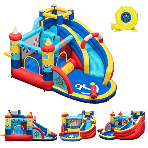 GOPLUS Aufblasbare Hüpfburg mit Rutsche, Pool, Trampolin, Kletterbereich, Wasserpistolen, Tragetasche, Kinder Hüpfburg mit Schutznetz, Geeignet für Kinder im Alter von 3-12 (Bunt, mit Gebläse) von GOPLUS