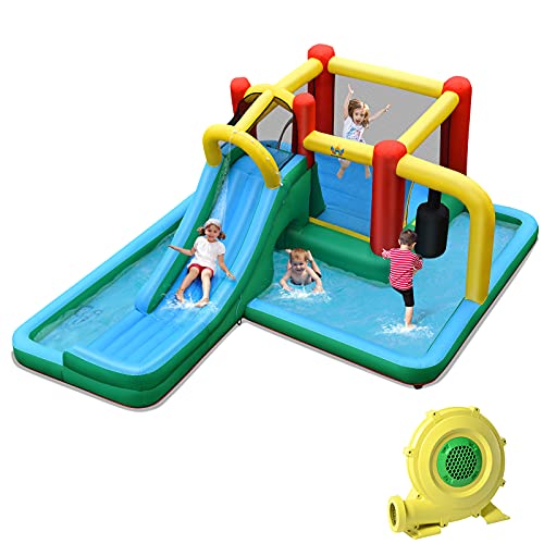 GOPLUS Aufblasbare Hüpfburg mit Rutsche, Spielburg mit Tragetasche & Heringen & Reparaturset, Wasserpark für 4 Kinder im Alter von 3 bis 10 Jahren, für Garten Park Garage, bunt (Mit Gebläse) von GOPLUS