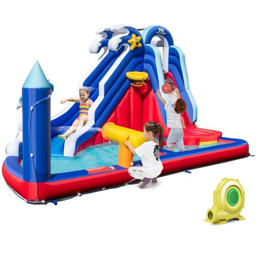 GOPLUS Aufblasbare Hüpfburg mit Rutsche und Planschbecken, Bouncy Castle mit Kletterfläche & Wasserpistole & Basketballkorb & Tragetasche & Bodenpfählen, für Kinder ab 3 Jahren (Delphin, Mit Gebläse) GOPLUS Aufblasbare Hüpfburg mit Rutsche und Planschbecken, Bouncy Castle mit Kletterfläche & Wasserpistole & Basketballkorb & Tragetasche & Bodenpfählen, für Kinder ab 3 Jahren (Delphin, Mit Gebläse) von GOPLUS