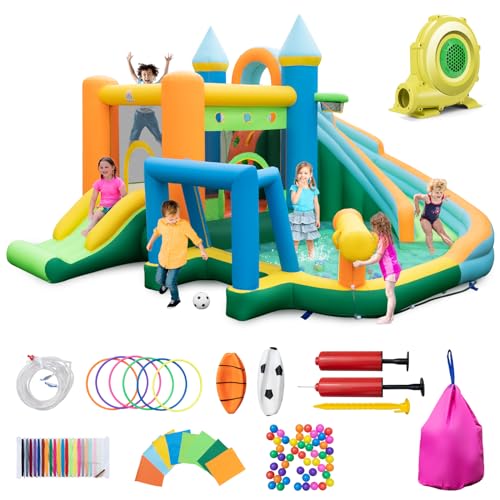 GOPLUS Aufblasbare Hüpfschloss, Kinderhüpfburg mit Trampolin Rutsche Kletterwand Wasserpistole Basketballkorb, Aufblasbare Hüpfburg mit Tragetasche, für Kinder 3-10 Jahren (Fußball, mit Gebläse) GOPLUS Aufblasbare Hüpfschloss, Kinderhüpfburg mit Trampolin Rutsche Kletterwand Wasserpistole Basketballkorb, Aufblasbare Hüpfburg mit Tragetasche, für Kinder 3-10 Jahren (Fußball, mit Gebläse) von GOPLUS