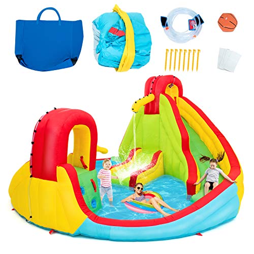 GOPLUS Aufblasbare Wasserrutsche, Großes Wasserspielcenter aus Oxford-Stoff, mit 2 Rutschen & Basketball, Reparaturset, Tragetasche, für Kinder von 3 bis 10 Jahren, 420x420x480cm (Rot, Ohne Gebläse) von GOPLUS