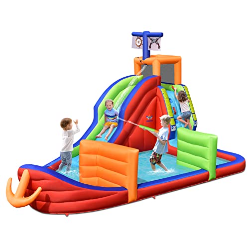 GOPLUS Aufblasbarer Wasserpark, Hüpfburg mit Wasserrutsche, Kletterwand, Planschbecken, 3 Wasserpistolen & Zielspiel, mit Tragetasche für 3-10 Jahre, 460x310x290 cm (Kaper, Ohne Gebläse) von GOPLUS