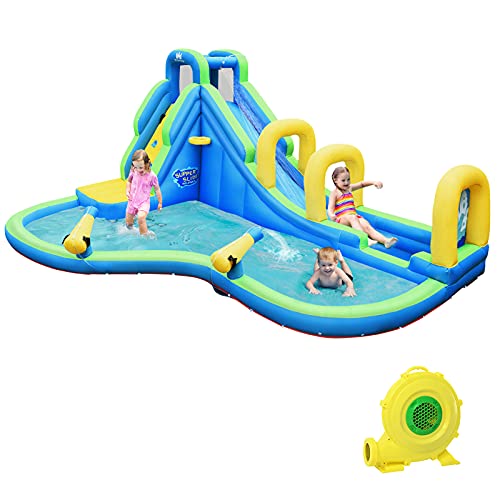 GOPLUS Aufblasbares Wasserspielcenter, Wasserpark mit Rusche/planschbecken/Kletterwand/Baketballfelge, Kinder Aufstellpoo für Kinder 4 bis 12 Jahre, Spielpool, 478x366x242cm (Mit Gebläse) von GOPLUS