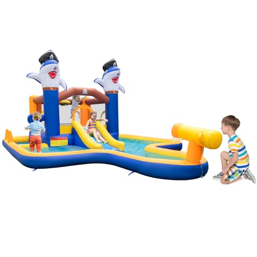 GOPLUS Ausblasbare Hüpfburg, Wasserpark in Haifischform mit Wasserrutsche, Planschbecken, Basketballkorb, Wasserkanone, Ringwurfspiel & Boxspiel, Bouncy Castle für Kinder 3-10 Jahre von GOPLUS