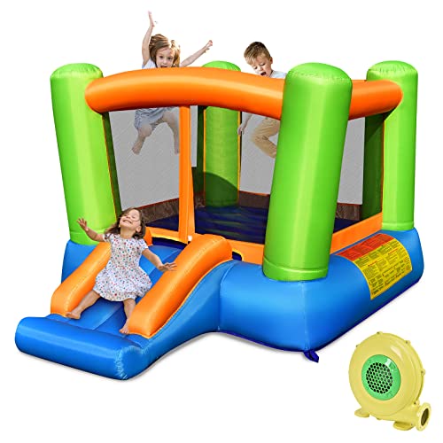 GOPLUS Ausblasbare Hüpfburg mit Rutsche, Hüpfschloss für 3 Kinder von 3-10 Jahren, Indoor & Outdoor Springburg aus Oxford-Gewebe für Garten & Park, 250 x 197 x 143 cm (Grün, Mit Gebläse) von GOPLUS