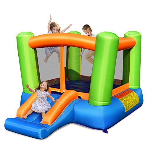 GOPLUS Ausblasbare Hüpfburg mit Rutsche, Hüpfschloss für 3 Kinder von 3-10 Jahren, Indoor & Outdoor Springburg aus Oxford-Gewebe für Garten & Park, 250 x 197 x 143 cm (Grün, Ohne Gebläse) von GOPLUS