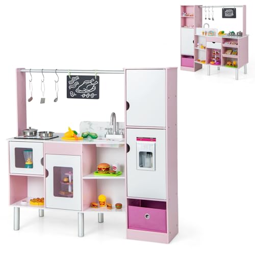GOPLUS Doppelseitige Kinderküche und Kaufladen, Spielküche mit zahlreichen Spielbereichen & Spielzubehör & Eismacher & Tafel, Spielzeugküche mit Licht und Sound, für Kinder ab 3 Jahren, Weiß + Rosa von GOPLUS