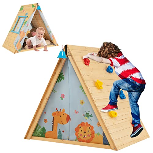GOPLUS Dreieckiges Spielzelt für Kinder, 2 in 1 Kinderspielhaus & Kletterfelsen, Holzspielzelt mit Kletterwand, Hängender Glocke, Offenem Fenster, Großem Innenraum, Geeignet für drinnen und draußen GOPLUS Dreieckiges Spielzelt für Kinder, 2 in 1 Kinderspielhaus & Kletterfelsen, Holzspielzelt mit Kletterwand, Hängender Glocke, Offenem Fenster, Großem Innenraum, Geeignet für drinnen und draußen von GOPLUS