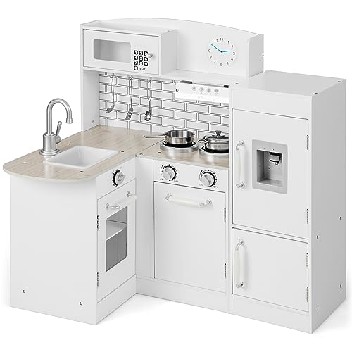 GOPLUS Eck Spielküche, Kinderspielküche mit Mikrowellenofen, Wasserspender, Herd, Dunstabzugshaube, Wasserhahn & Uhr, Spielzeugküche mit Soundeffkten zum Rollenspiel, Kinderküche mit Zubehör GOPLUS Eck Spielküche, Kinderspielküche mit Mikrowellenofen, Wasserspender, Herd, Dunstabzugshaube, Wasserhahn & Uhr, Spielzeugküche mit Soundeffkten zum Rollenspiel, Kinderküche mit Zubehör von GOPLUS