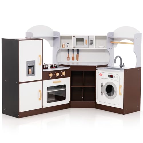 GOPLUS Eck Spielküche aus Holz, Rollenspielküche für Kinder mit Eismaschine, Mikrowelle, Herd, Ofen, Spüle, Waschmaschine, Kinderküche mit Lichtern und Geräuschen für Kinder ab 3 Jahren von GOPLUS