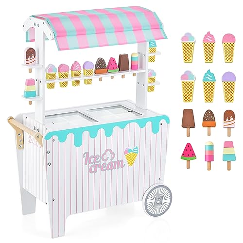 GOPLUS Eiswagen Kinder, Lebensmittelgeschäft mit 12 farbige Eiscremes & Ablägeflache, Holzspielzeug mit 2 Rädern & Griff, Kaufladen mit Schiebetüren & Baldachin, Verkaufswagen für Kinder ab 3 Jahren von GOPLUS