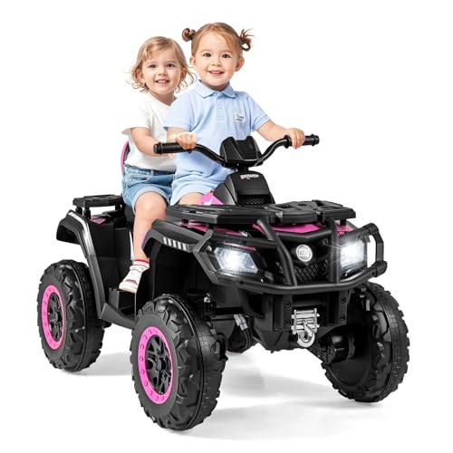 GOPLUS Elektrisches Kinderfahrzeug, 24V Rutschfahrzeug mit 4 Rädern & 4 Motoren, Elektroauto mit 2 Geschwindigkeiten, Bremse, Licht & Musik, 2 Sitzer Kinderquad, für Kinder von 3-8 Jahren (Rosa) von GOPLUS