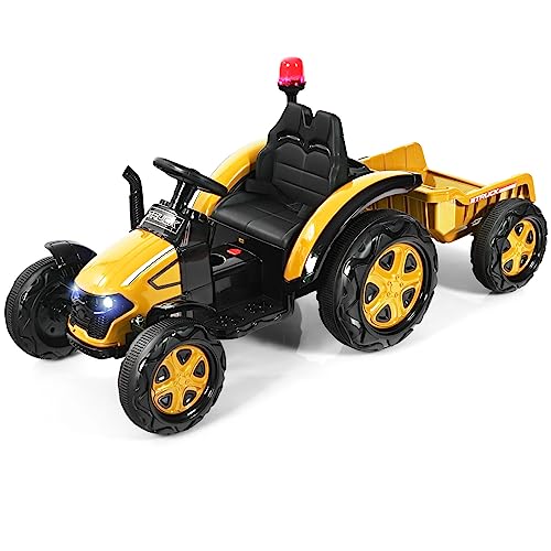 GOPLUS Elektrotraktor für Kinder 3-8 Jahren, 12V Traktor mit 2,4G Fernbedienung/abnehmbarem Anhänger/Scheinwerfer/Hupe/MP3-Player/USB-Anschluss/Warnleuchte, Spielzeugtraktor, Aufsitztraktor (Gelb) von GOPLUS
