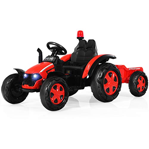 GOPLUS Elektrotraktor für Kinder 3-8 Jahren, 12V Traktor mit 2,4G Fernbedienung/abnehmbarem Anhänger/Scheinwerfer/Hupe/MP3-Player/USB-Anschluss/Warnleuchte, Spielzeugtraktor, Aufsitztraktor (Rot) von GOPLUS