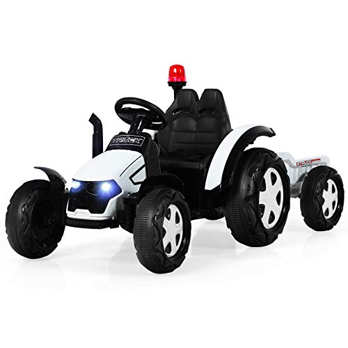 GOPLUS Elektrotraktor für Kinder 3-8 Jahren, 12V Traktor mit 2,4G Fernbedienung/abnehmbarem Anhänger/Scheinwerfer/Hupe/MP3-Player/USB-Anschluss/Warnleuchte, Spielzeugtraktor, Aufsitztraktor (Weiß) von GOPLUS