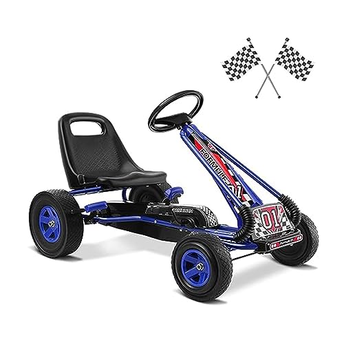 GOPLUS Gokart ab 3-8 Jahre, Kinderfahrzeug mit Verstellbarem Sitz, Tretauto aus Gummireifen, Flexible Kupplung und Bremse, Vorwärts und Rückwärts, max.30 kg, Indoor und Outdoor (Blau) von GOPLUS