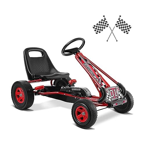 GOPLUS Gokart ab 3-8 Jahre, Kinderfahrzeug mit Verstellbarem Sitz, Tretauto aus Gummireifen, Flexible Kupplung und Bremse, Vorwärts und Rückwärts, max.30 kg, Indoor und Outdoor (Rot) von GOPLUS