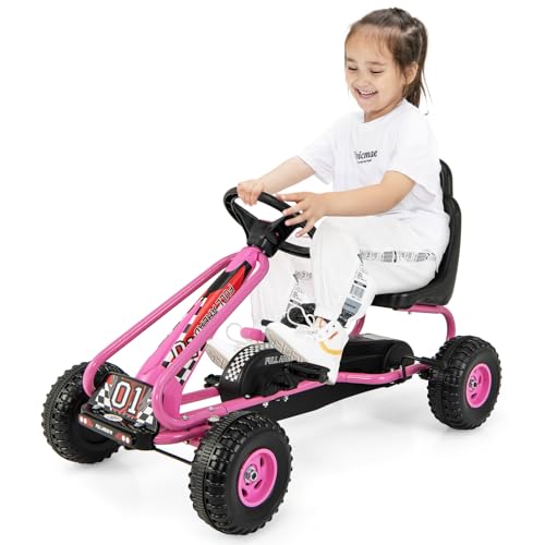GOPLUS Gokart mit verstellbarem Sitz, Tretauto mit Handbremse und geschlossener Kettenabdeckung, Vor- und Rückwärtsgang, Tretfahrzeug für Kinder ab 3 Jahre bis 30 kg (Rosa) von GOPLUS