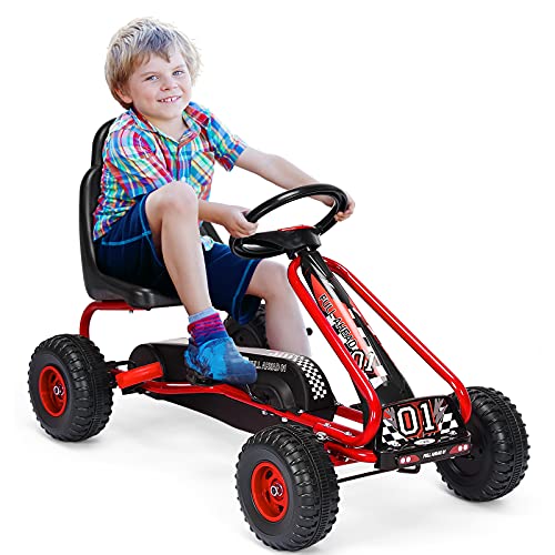 GOPLUS Gokart mit verstellbarem Sitz, Tretauto mit Handbremse und geschlossener Kettenabdeckung, Vor- und Rückwärtsgang, Tretfahrzeug für Kinder ab 3 Jahre bis 30 kg (Rot) von GOPLUS