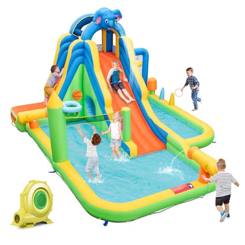 GOPLUS Hüpfburg, Aufblasbar Wasserpark mit Wasserrutsche, Kletterwand, Wasserpistolen, Basketballwurf, Ballwurf, Bouncy Castle Elefant für Kinder 3-10 Jahre, 469 x 378 x 250 cm (Elefant, Mit Gebläse) von GOPLUS