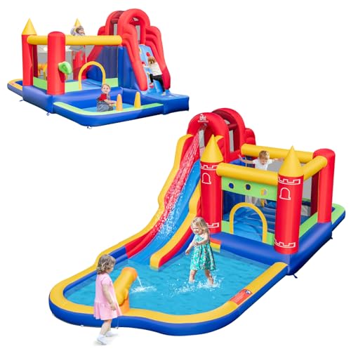 GOPLUS Hüpfburg, Trocken-/Wasserrutsche mit Rutsche, Basketballkorb, Kletterwand, Boxscheibe, Planschbecken, Ballgrub & Hüpfhaus, Aufblasbare Burg für Kinder 3-10 Jahre (7 in 1, Mit Gebläse) von GOPLUS
