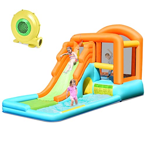 GOPLUS Hüpfburg mit Wasserrutsche, 3 Verschiedene Varianten, Aufstellpool aus Oxford-Material, mit PVC-Beschichtung, Spielburg für Kinder über 3 Jahren (Mit Gebläse) von GOPLUS