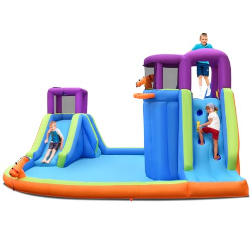 GOPLUS Hüpfburg mit Wasserrutsche, Wasserpark mit Doppelrutsche, Wasserpistole, Kletterwand, Basketballkorb & Ball, Wasserspielcenter Planschbecken für Kinder GOPLUS Hüpfburg mit Wasserrutsche, Wasserpark mit Doppelrutsche, Wasserpistole, Kletterwand, Basketballkorb & Ball, Wasserspielcenter Planschbecken für Kinder von GOPLUS