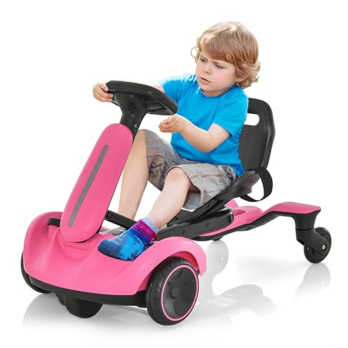 GOPLUS Kinder Driftkart, Gokart mit 2-Fach verstellbarem Sitz & Driftfunktion bis 4,8 km/h, Elektroauto mit Sicherheitsgurt, Hupe & Motorengeräuschen für 3-8 Jahre, bis 25 kg belastbar (rosa) von GOPLUS