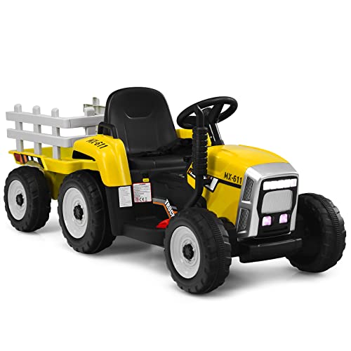 GOPLUS Kinder Elektrischer Traktor mit Anhänger, 3-Gang Elektrofahrzeug mit Fernbedienung, 12 V Elektroauto, LED-Licht & Musik & Bluetooth, 30 kg Belastbarkeit, ab 3 Jahre (Gelb) von GOPLUS