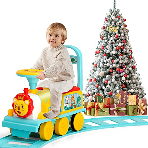 GOPLUS Kinder Elektro Zug, Kinderfahrzeug mit 16 STK. Schiene Set, 6V Kinder Aufsitz mit Licht, Musik, Zugpfeife & Stauraum, Elektro Kinderauto für Kinder ab 3 Jahren, Belastbar bis 25 kg (Blau) von GOPLUS
