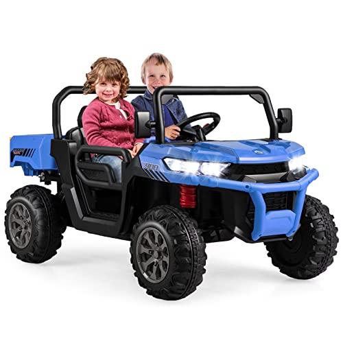 GOPLUS Kinder Elektroauto, 2-Sitzer Kinderauto mit Kippbett, Schaufel & Fernbedienung & Musik & Scheinwerfer & Hupe, 12V Kinderfahrzeug mit Slow-Start-Funktion & Sicherheitsgurt (Blau) von GOPLUS