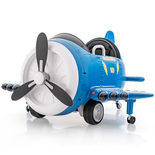 GOPLUS Kinder Elektroauto, Elektroflugzeug mit Fernbedienung, Elektroflugzeug mit faltbarem Flügel & drehbarem Propeller & USB & Musik, Kinderfahrzeug für Kinder ab 3 Jahren (Blau) von GOPLUS