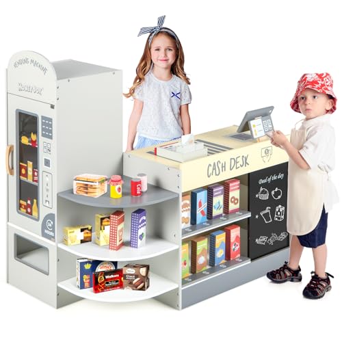 GOPLUS Kinder Kaufladen, Supermarkt aus Holz, Kaufmannsladen mit mit Kasse, POS-Automat & Verkaufsautomat, Einkaufsladen Rollenspiele mit 15 Zubehör & Tafel für Kinder von 3-8 Jahren (Grau) von GOPLUS