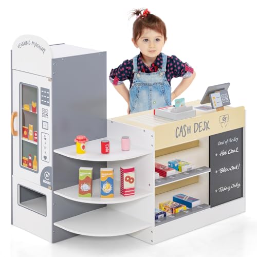 GOPLUS Kinder Kaufladen, Supermarkt aus Holz, Kaufmannsladen mit mit Kasse, POS-Automat & Verkaufsautomat, Einkaufsladen Rollenspiele mit 15 Zubehör & Tafel für Kinder von 3-8 Jahren (Weiß) von GOPLUS