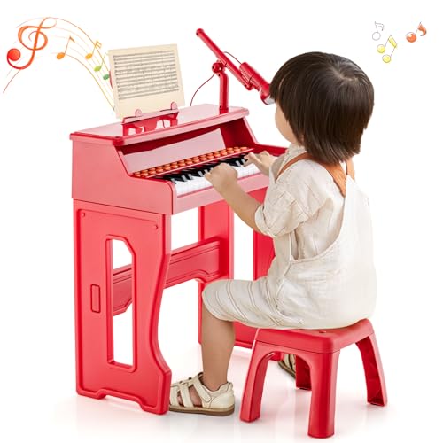 GOPLUS Kinder Keyboard mit 37 Tasten, Kinderklavier mit Mikrofon & abnehmbarem Notenständer & stabilem Hocker, Kinderpiano Musikinstrument für Kleinkinder ab 3 Jahren (Rot) von GOPLUS