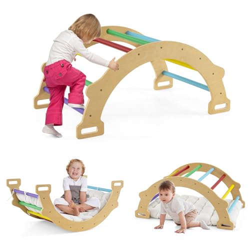 GOPLUS Kinder Kletterbogen mit Kissen, Kletterdreieck Indoor aus Holz, Klettergerüst zum Wippen und Klettern, Holzkletterbogen und Wippe für Kinder ab 3 Jahren (Bunt) von GOPLUS