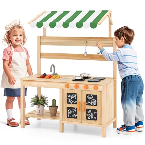 GOPLUS Kinder Matschküche mit Sonnendach, Kinderküche Outdoor mit 4 Herdplatten, Spüle, Wasserhahn, Schwarze Tafeln & Zubehör, Gartenküche Spielküche für Kinder ab 3 Jahren GOPLUS Kinder Matschküche mit Sonnendach, Kinderküche Outdoor mit 4 Herdplatten, Spüle, Wasserhahn, Schwarze Tafeln & Zubehör, Gartenküche Spielküche für Kinder ab 3 Jahren von GOPLUS