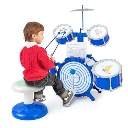 GOPLUS Kinder Schlagzeug, Kinder Trommel Set mit 5 Trommel & Trommelstock & Becken & Pedal, Kinderschlagzeug mit Tiermuster, mit Notenständer & Hocker, Musikinstrumente für Kinder ab 3 Jahre von GOPLUS