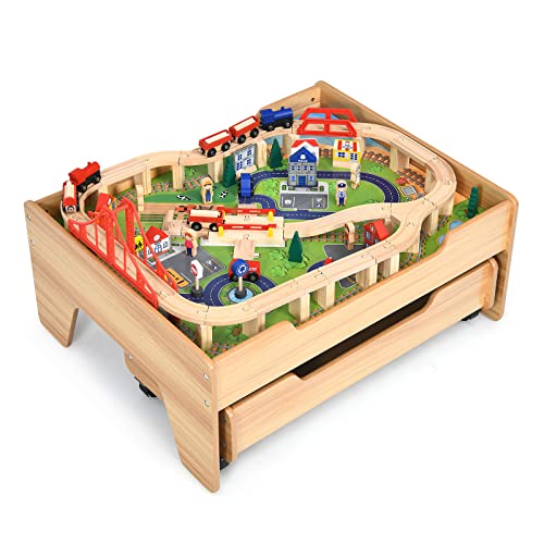 GOPLUS Kinder Spieltisch mit Zug Holzeisenbahn Set, Spielzeugeisenbahn ihkl. 100 Spielteilen zum Spielen&Bauen&Basteln, Eisenbahn Set aus Holz, Aktivitätstisch mit Schubladen, für Kinder ab 3 Jahren GOPLUS Kinder Spieltisch mit Zug Holzeisenbahn Set, Spielzeugeisenbahn ihkl. 100 Spielteilen zum Spielen&Bauen&Basteln, Eisenbahn Set aus Holz, Aktivitätstisch mit Schubladen, für Kinder ab 3 Jahren von GOPLUS