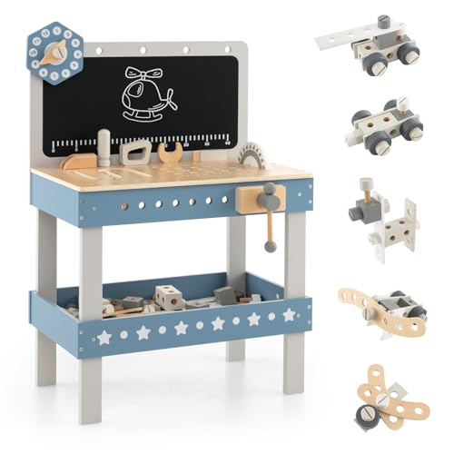 GOPLUS Kinder Werkzeugbank, Werkbank aus Holz mit Tafel, Uhr, Arbeitsplatte mit Steckplätzen & unterer Ablage, Kinderwerkbank mit 61 TLG. Zubehör für Jungen & Mädchen ab 3 Jahren GOPLUS Kinder Werkzeugbank, Werkbank aus Holz mit Tafel, Uhr, Arbeitsplatte mit Steckplätzen & unterer Ablage, Kinderwerkbank mit 61 TLG. Zubehör für Jungen & Mädchen ab 3 Jahren von GOPLUS
