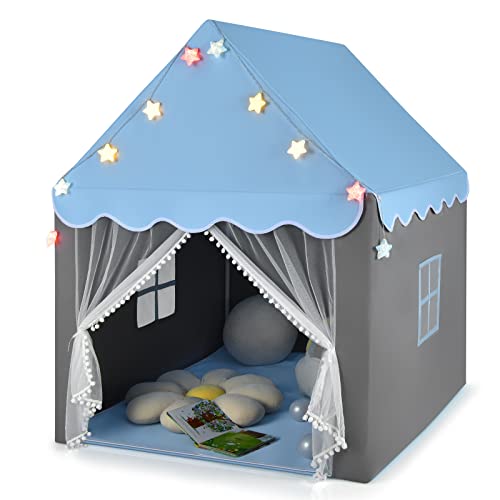 GOPLUS Kinderhauszelt, Spielzelt mit Netzfenster, Großer Raum, Stern-Lichterkette, Baumwollmatte, Gaze-Vorhänge, Spielhaus Klappzelt für Drinnen und Draußen, Geeignet für Kinder ab 3 Jahren (Blau) GOPLUS Kinderhauszelt, Spielzelt mit Netzfenster, Großer Raum, Stern-Lichterkette, Baumwollmatte, Gaze-Vorhänge, Spielhaus Klappzelt für Drinnen und Draußen, Geeignet für Kinder ab 3 Jahren (Blau) von GOPLUS
