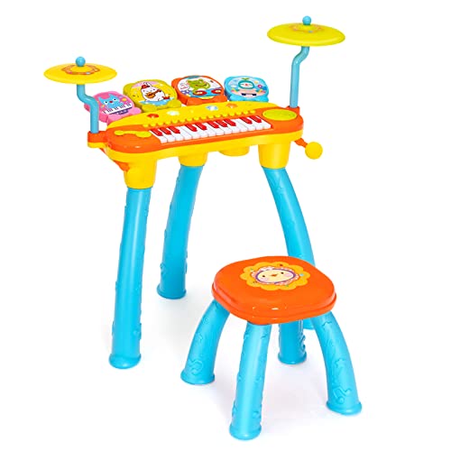 GOPLUS Kinderkeyboard mit Schlagzeug & Hocker, 24-Tasten Klaviertastatur mit 4 Trommeln, 2 Becken, 2 DJ-Plattenspielern, 2 Drumsticks & Mikrofon, Musikinstrumente mit Lichtern & Soundeffekten (Blau) von GOPLUS