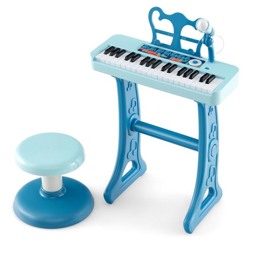 GOPLUS Kinderklavier mit 37 Tasten, Kinder Keyboard mit 22 Demos, 4 Tönen & 4 Rhythmen, Klaviertastatur Spielzeugklavier mit Mikrofon & Hocker, für Kinder ab 3 Jahren (Blau) von GOPLUS