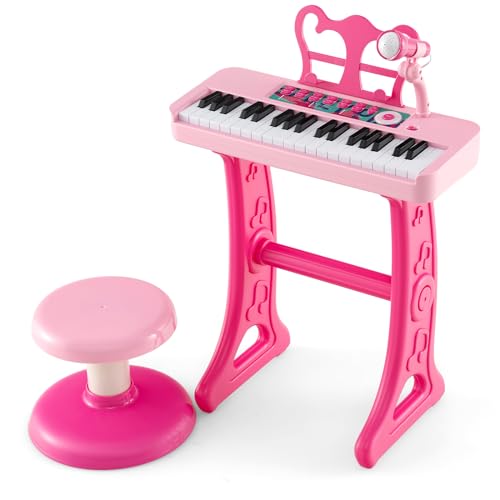GOPLUS Kinderklavier mit 37 Tasten, Kinder Keyboard mit 22 Demos, 4 Tönen & 4 Rhythmen, Klaviertastatur Spielzeugklavier mit Mikrofon & Hocker, für Kinder ab 3 Jahren (Rosa) von GOPLUS