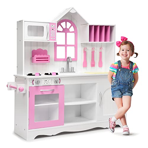 GOPLUS Kinderküche, Spielküche mit Mikrowellenofen, Herd, Wasserhahn, Kochutensilien & Dekorationsfenster, Kinderspielküche mit Regalen & Schränken für Kinder ab 3 Jahren, weiß+rosa GOPLUS Kinderküche, Spielküche mit Mikrowellenofen, Herd, Wasserhahn, Kochutensilien & Dekorationsfenster, Kinderspielküche mit Regalen & Schränken für Kinder ab 3 Jahren, weiß+rosa von GOPLUS