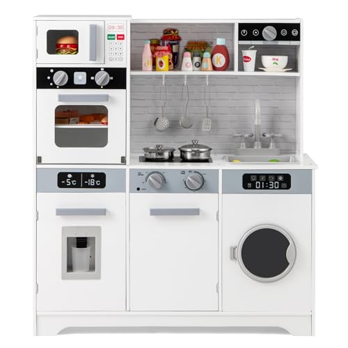GOPLUS Kinderküche, Spielküche mit Wasserspender, Spüle, Wasserhahn, Mikrowelle, Ofen, Kaffeemaschine, Waschmaschine, Utensilien, Kochspielzeug-Set mit Geräuschen & Lichtern für Kinder ab 3 Jahren von GOPLUS