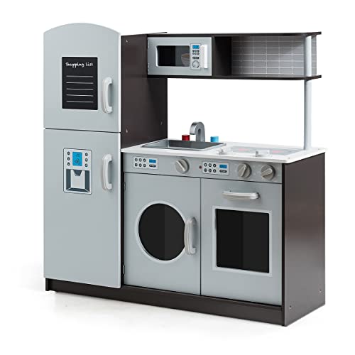 GOPLUS Kinderküche Set, Holzspielküche mit Spüle Wasserhahn, Spielzeugküche mit Klickgeräuschen, Kühlschränke, Backofen und Mikrowelle, Chefkoch Pretend Play Set, Geschenk für Kinder, grau GOPLUS Kinderküche Set, Holzspielküche mit Spüle Wasserhahn, Spielzeugküche mit Klickgeräuschen, Kühlschränke, Backofen und Mikrowelle, Chefkoch Pretend Play Set, Geschenk für Kinder, grau von GOPLUS